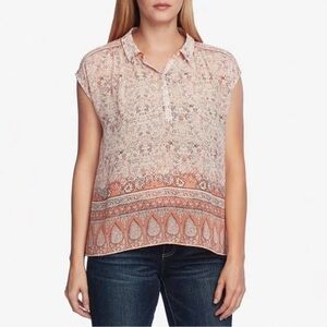 New Vince Camuto Mosaic Seas Popover Button Semi-sheer Blouse in Soft Cream